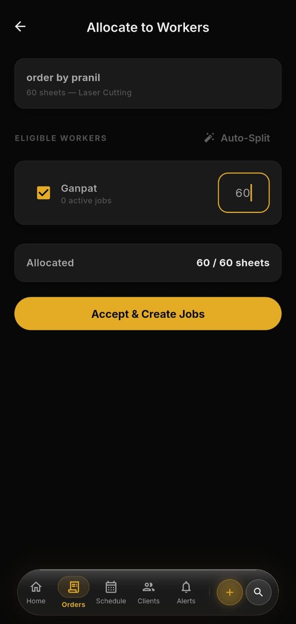 PS Laser Allocate to Workers screen showing a quantity split across an eligible worker with Accept and Create Jobs
