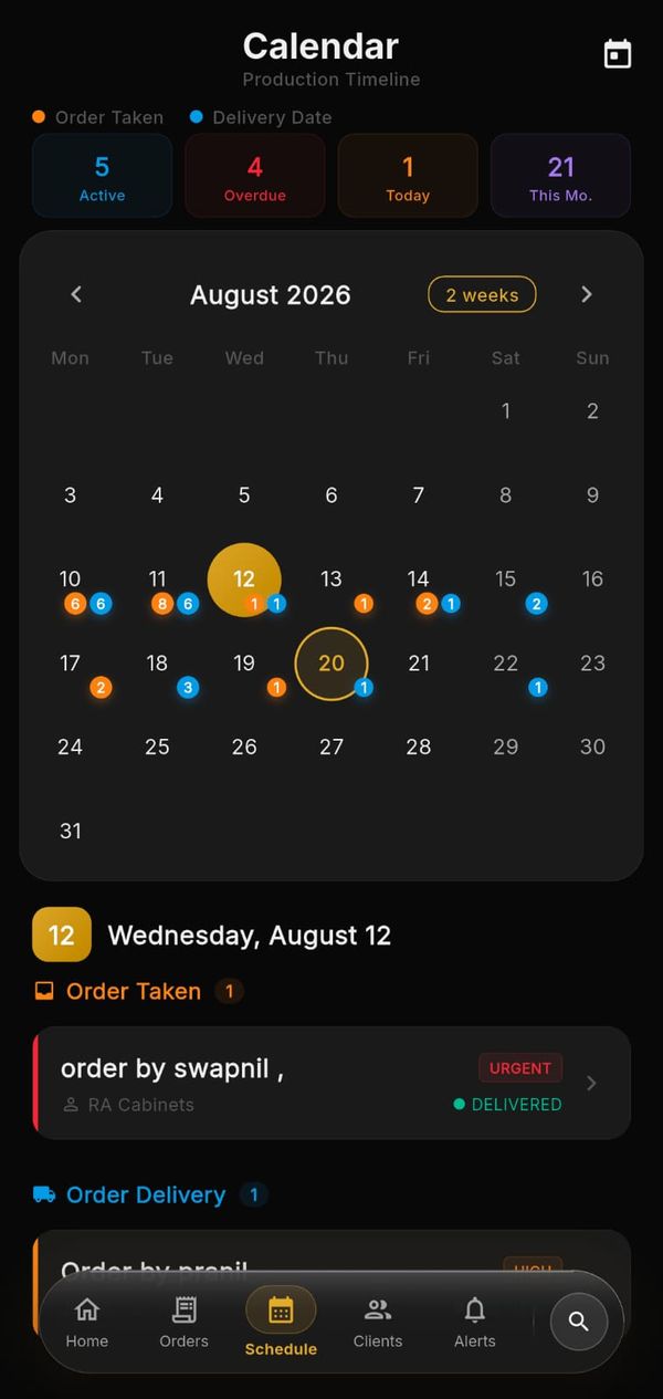 PS Laser Calendar screen showing order-taken and delivery-date markers with a day’s order list below
