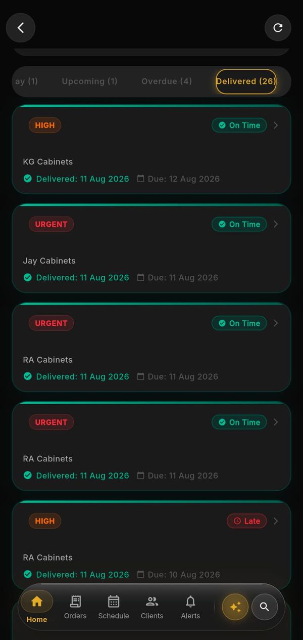 PS Laser delivery history showing past delivered orders with on-time and late status