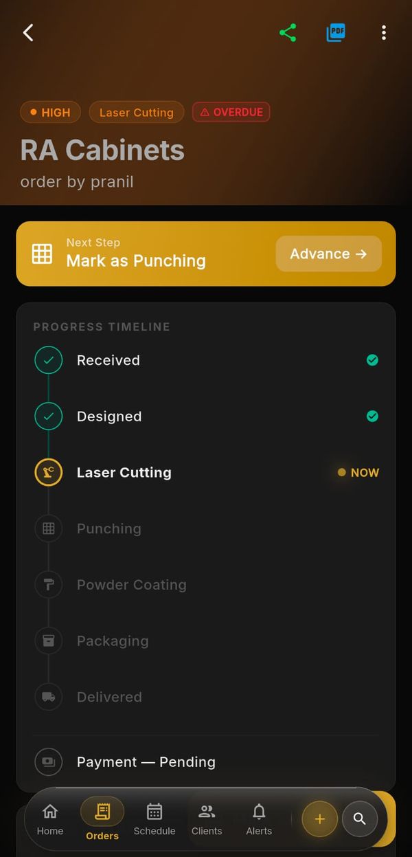 PS Laser order detail screen showing the production progress timeline with Laser Cutting as the current stage